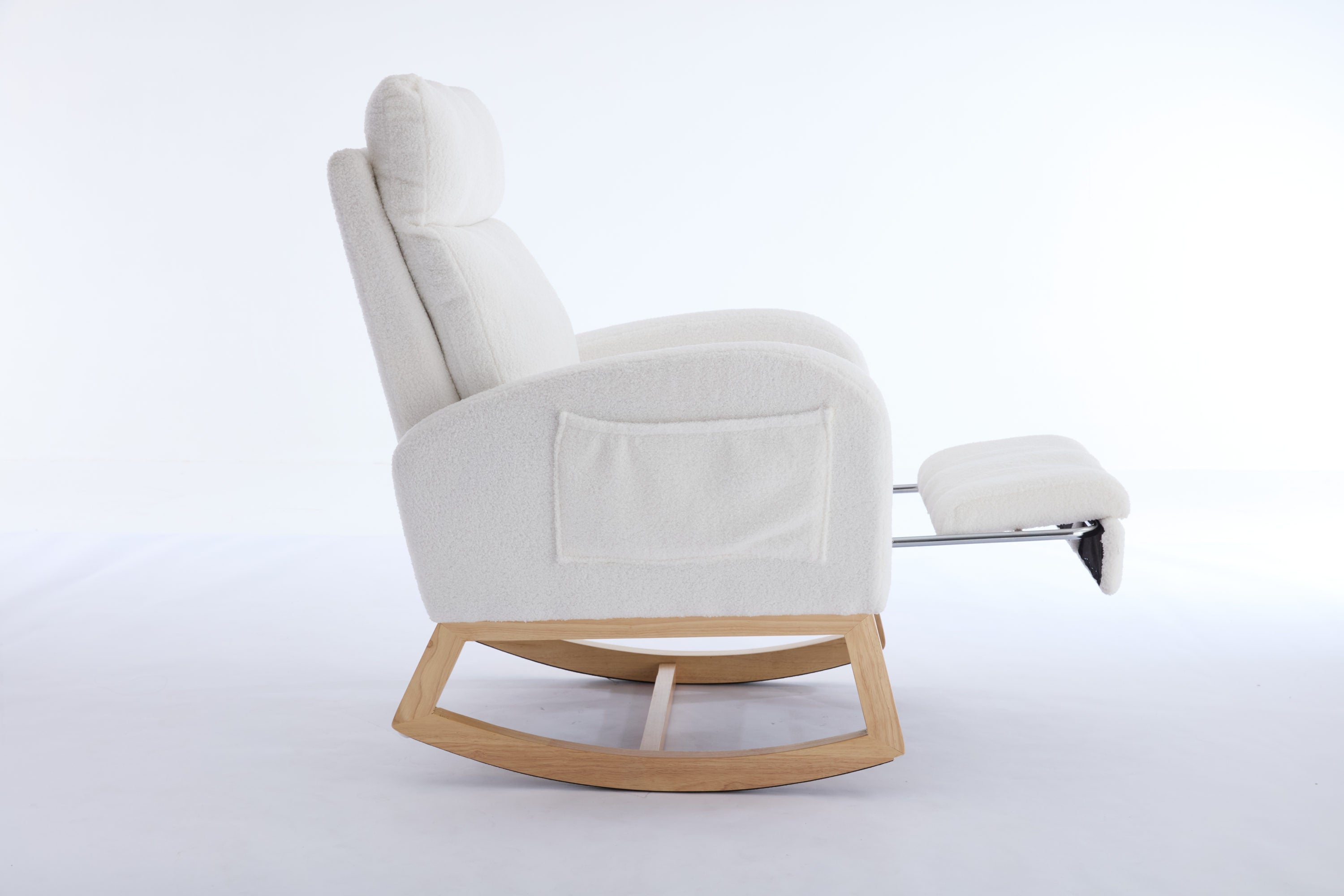 015B-Teddy Fabric Leisure Rocking Chair,Nursery Rocking Chair With Adjustable Footstool,Thickened Headrest And High Backrest, Storage Pocket On The Right Side,The Base Rocker Is Solid Wood,White - Grand Goldman Shop