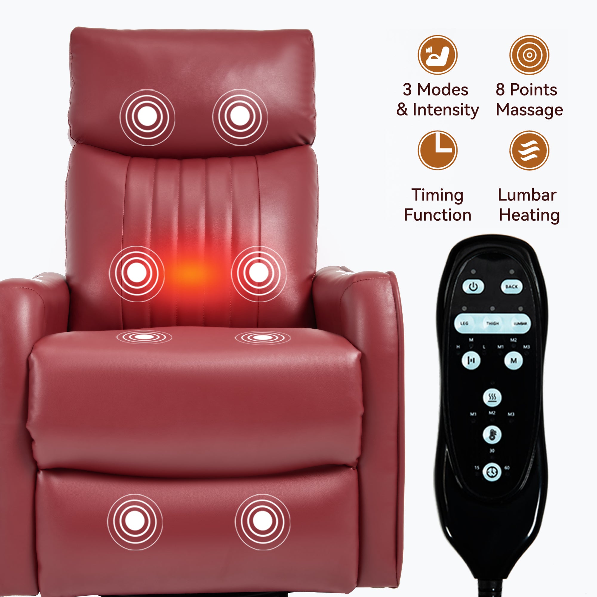 Red Faux Leather Heat Massage Manual Recliner Chair with Rocker and Swivel for Living Room - Grand Goldman Shop