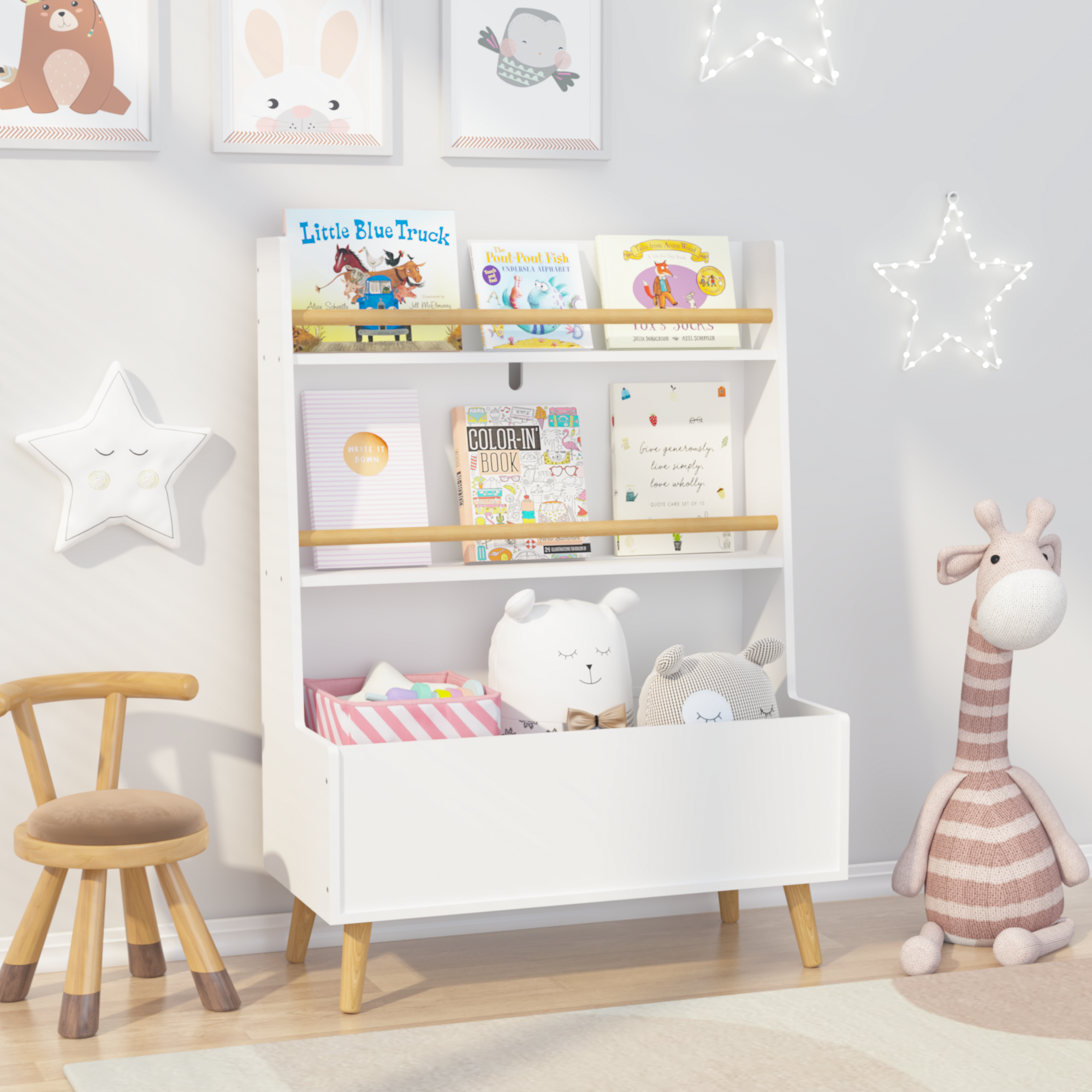 Kids Bookshelf White MDF and Pine Legs Book Organizer with Toy Storage, 26.77 x 12.60 x 36.61 inches - Grand Goldman