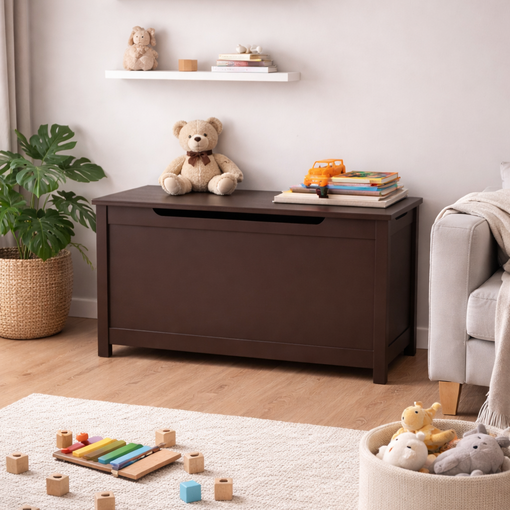 Kids Wooden Toy Box Storage with Safety Hinged Lid for Ages 2+ (Coffee) - Grand Goldman