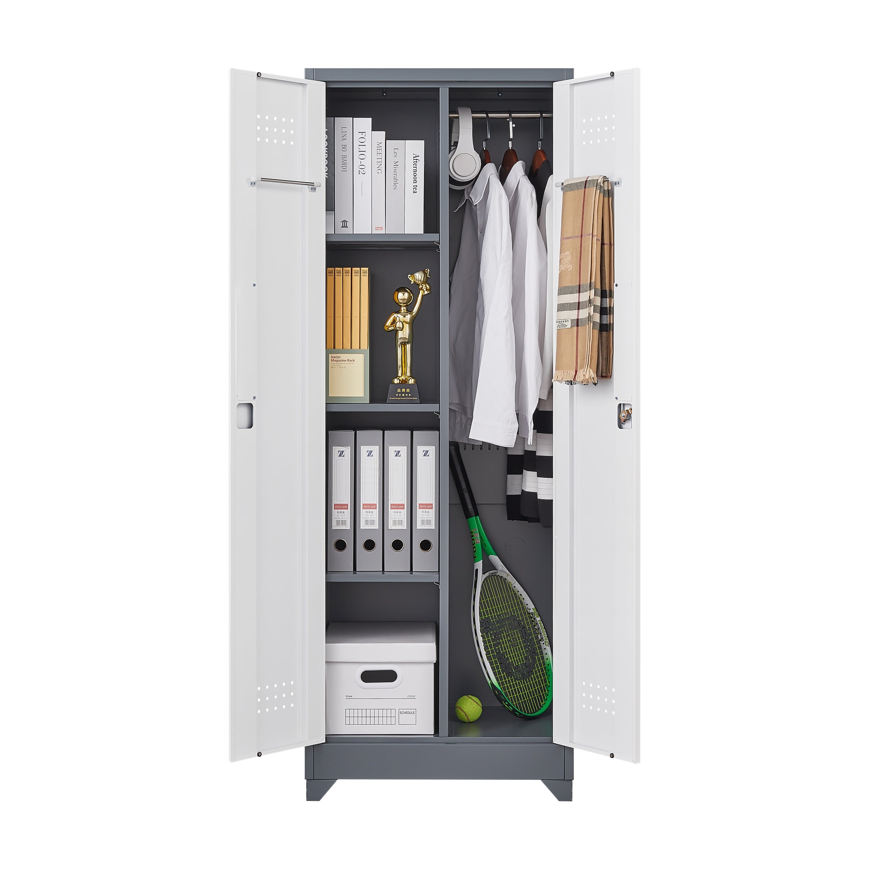 Heavy Duty Grey Metal Storage Cabinet with Locking Doors, Hanging Rod & Shelves, 65' H Broom Closet for Garage or Basement - 