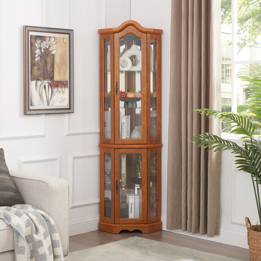 Curio Cabinet Lighted Glass Display Curio Cabinet w/Tempered Glass Doors and Shelves, Crown Corner Cabinet with Bulb, Corner Storage Decoration for Living room and Bedroom OAK - Grand Goldman Shop