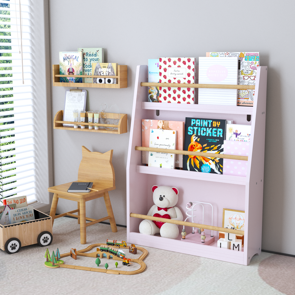 3-Tier Kids Book Shelf, Pink MDF & Pine Wood Storage Rack for Bedrooms, Playrooms, and Classrooms | Premium Home Decor - Gran