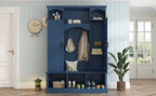 ON-TREND Modern All-in-One Hall Tree with Adjustable Shelves, Classic Arched Farmhouse Storage Bench with Dual Side Cabinets, Elegant Entryway Organizer with 7 Hooks for Mudroom, Hallway, Blue - Grand Goldman Shop