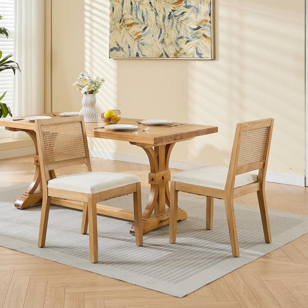 Farmhouse Rattan Dining Chairs Set of 2, Mid Century Modern Kitchen & Dining Room Chairs, Cane Upholstered Kitchen Side Chair with Natural Hardwood Frame, Beige - Grand Goldman Shop