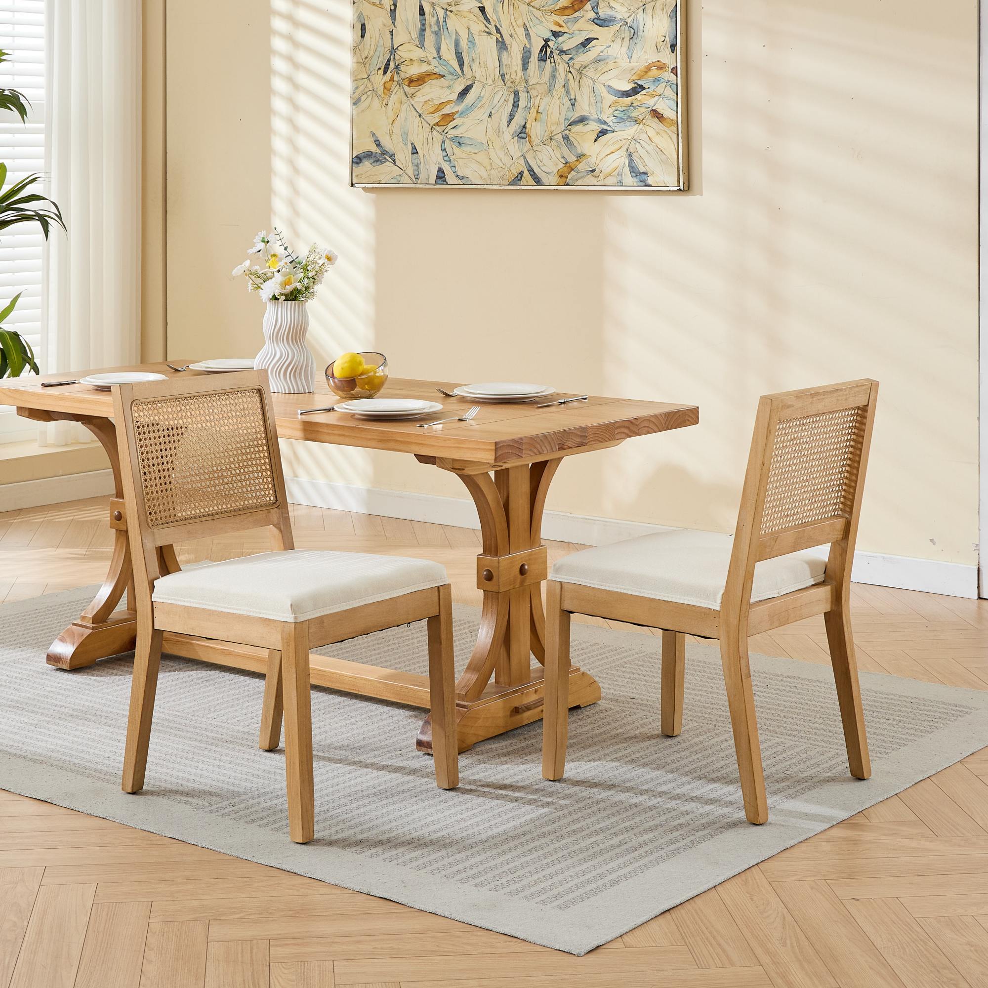 Farmhouse Rattan Dining Chairs Set of 2, Mid Century Modern Kitchen & Dining Room Chairs, Cane Upholstered Kitchen Side Chair with Natural Hardwood Frame, Beige - Grand Goldman Shop