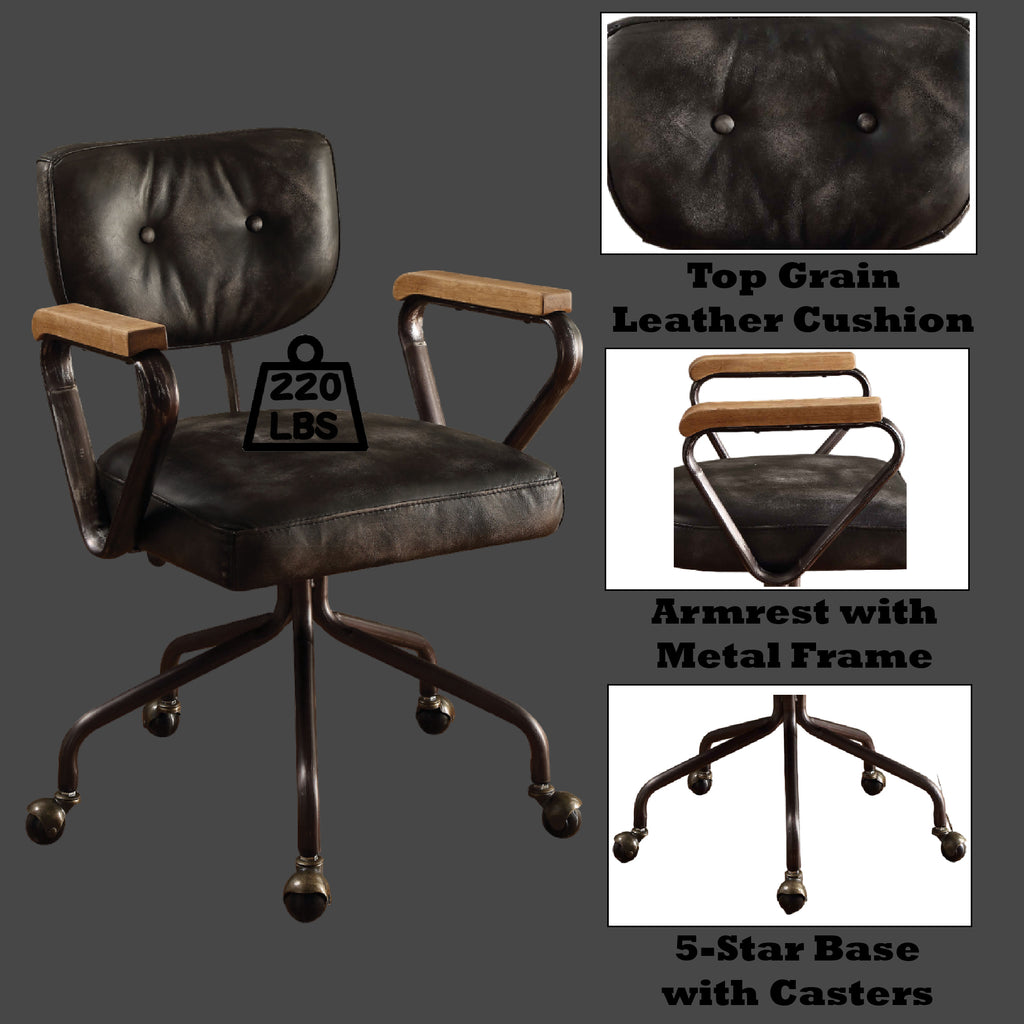 Hallie Vintage Black Top Grain Leather Office Chair | Premium Home Decor - Grand Goldman