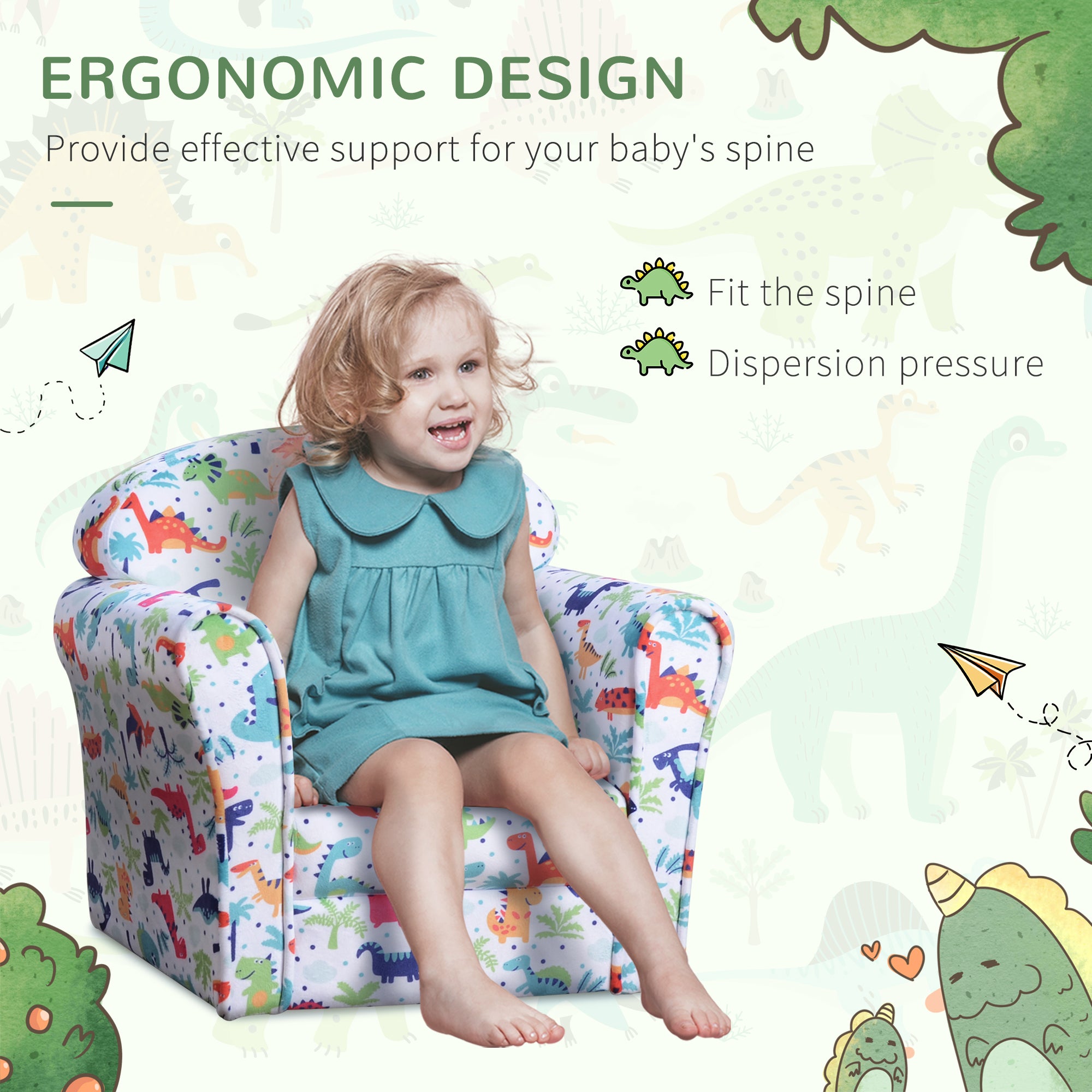 Qaba Kid's Sofa Chair with Dinosaur Design and Thick Padding, Flannel-Covered Toddler Armchair for Bedroom, Playroom | Premiu