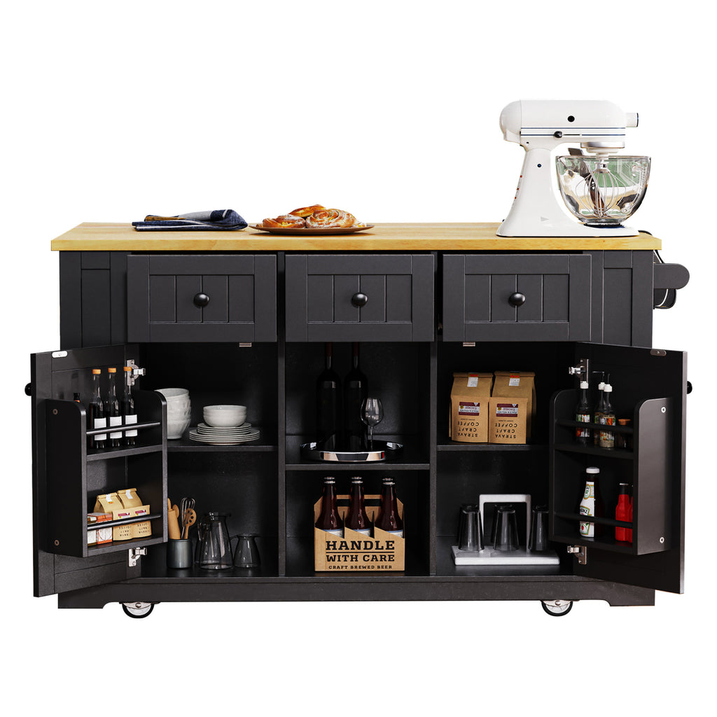 K&K 53inch Large Kitchen Island with Drop Leaf,Power Outlet,Door Internal Storage Rack,Rolling Kitchen Cart on 5 Wheels with 5 Open Side Racks for Kitchen,Black(Two Packages)(Stools not included) - Grand Goldman Shop