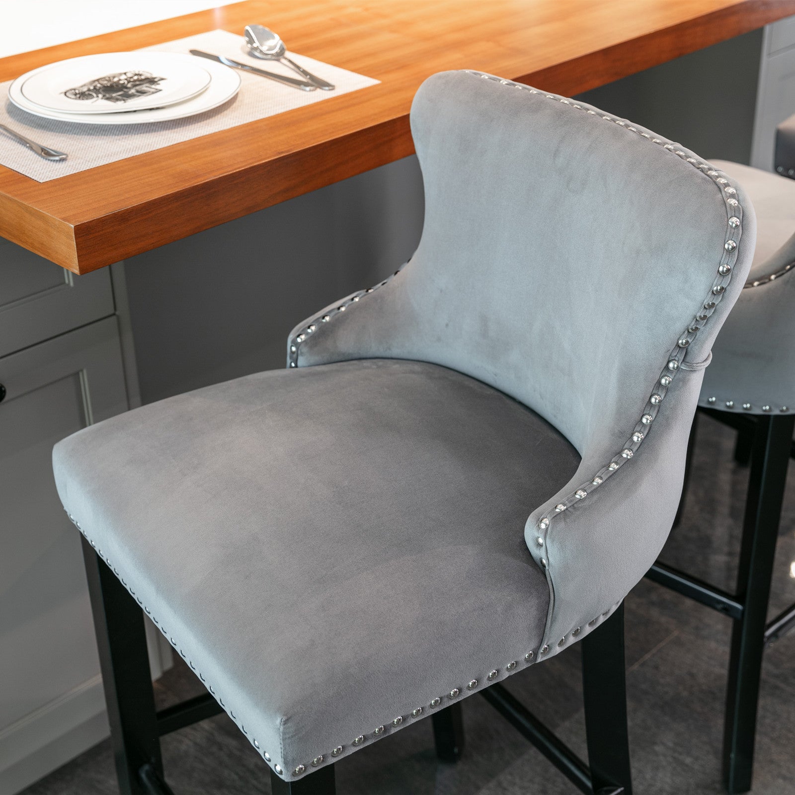 A&A Furniture,Contemporary Velvet Upholstered Wing-Back Barstools with Button Tufted Decoration and Wooden Legs, and Chrome Nailhead Trim, Leisure Style Bar Chairs,Bar stools, Set of 2 (Gray),SW1824GY - Grand Goldman Shop