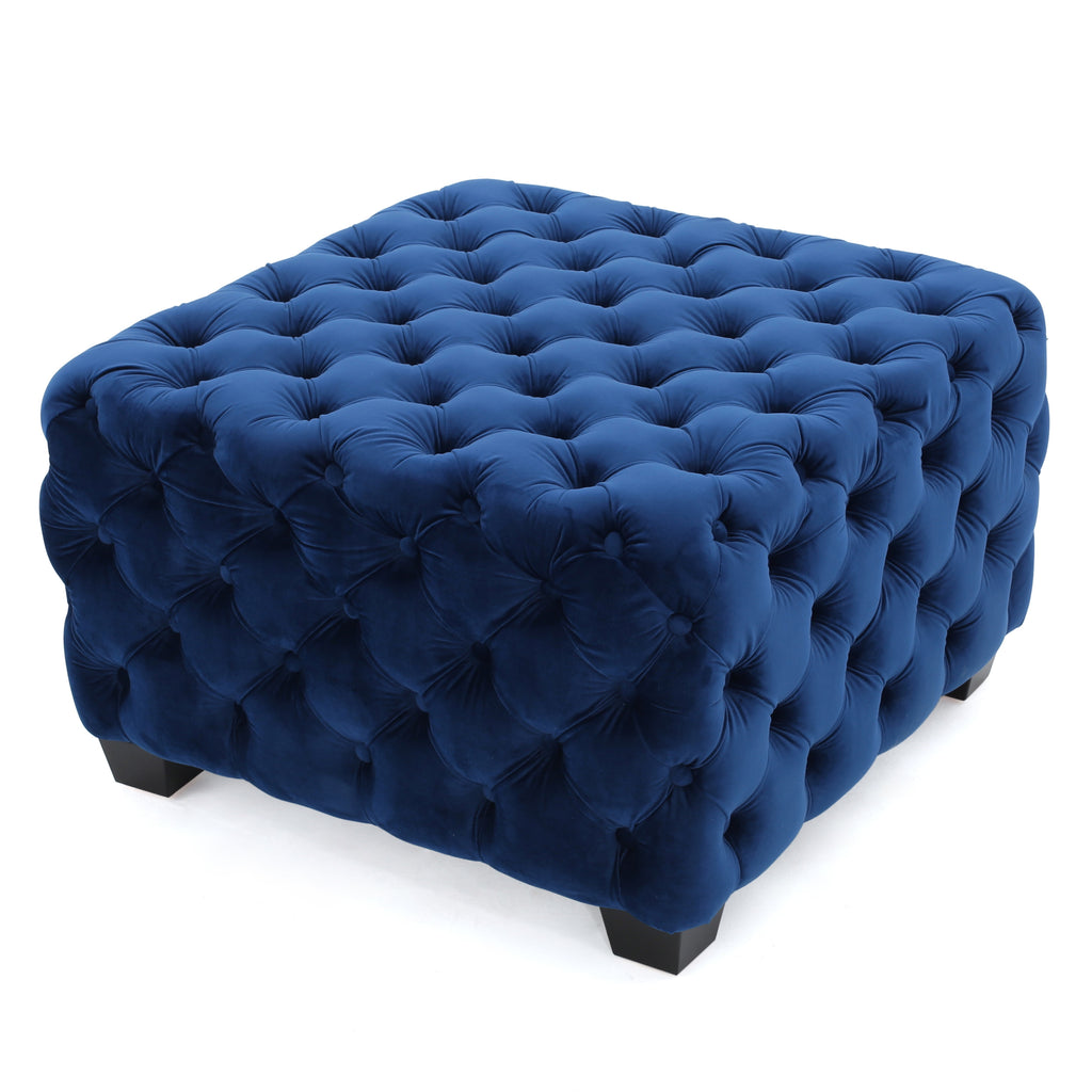 Modern Glam Ottoman with Velvet Upholstery and Button-Tufted Design in Navy Blue, 29 x 29 x 18.25 inches - Grand Goldman Shop