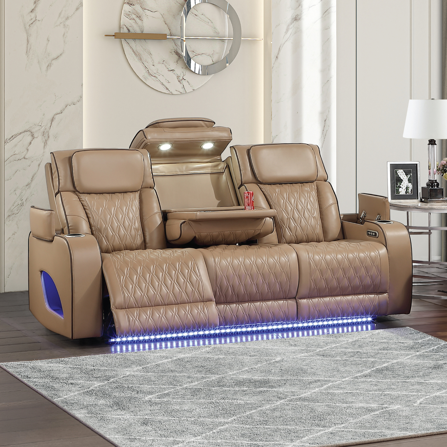 Fortuner Power Reclining 3Pc Living Room Set in Caramel Faux Leather with LED Lights, Massage Function, Bluetooth Speakers and Wireless Charging - Grand Goldman Shop