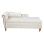 Beige Chaise Lounge Indoor, Velvet Lounge Chair for Bedroom with Storage & Pillow, Modern Upholstered Rolled Arm Chase Lounge for Sleeping with Nailhead Trim for Living Room Bedroom Office - Grand Goldman Shop