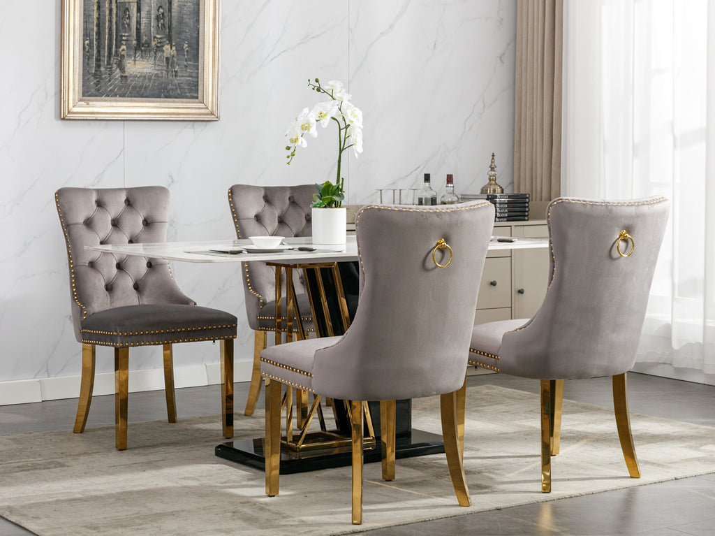 Nikki Collection Modern, High-end Tufted Solid Wood Contemporary Velvet Upholstered Dining Chair with Golden Stainless Steel Plating Legs,Nailhead Trim,Set of 2,Gray and Gold, SW1601GY - Grand Goldman Shop