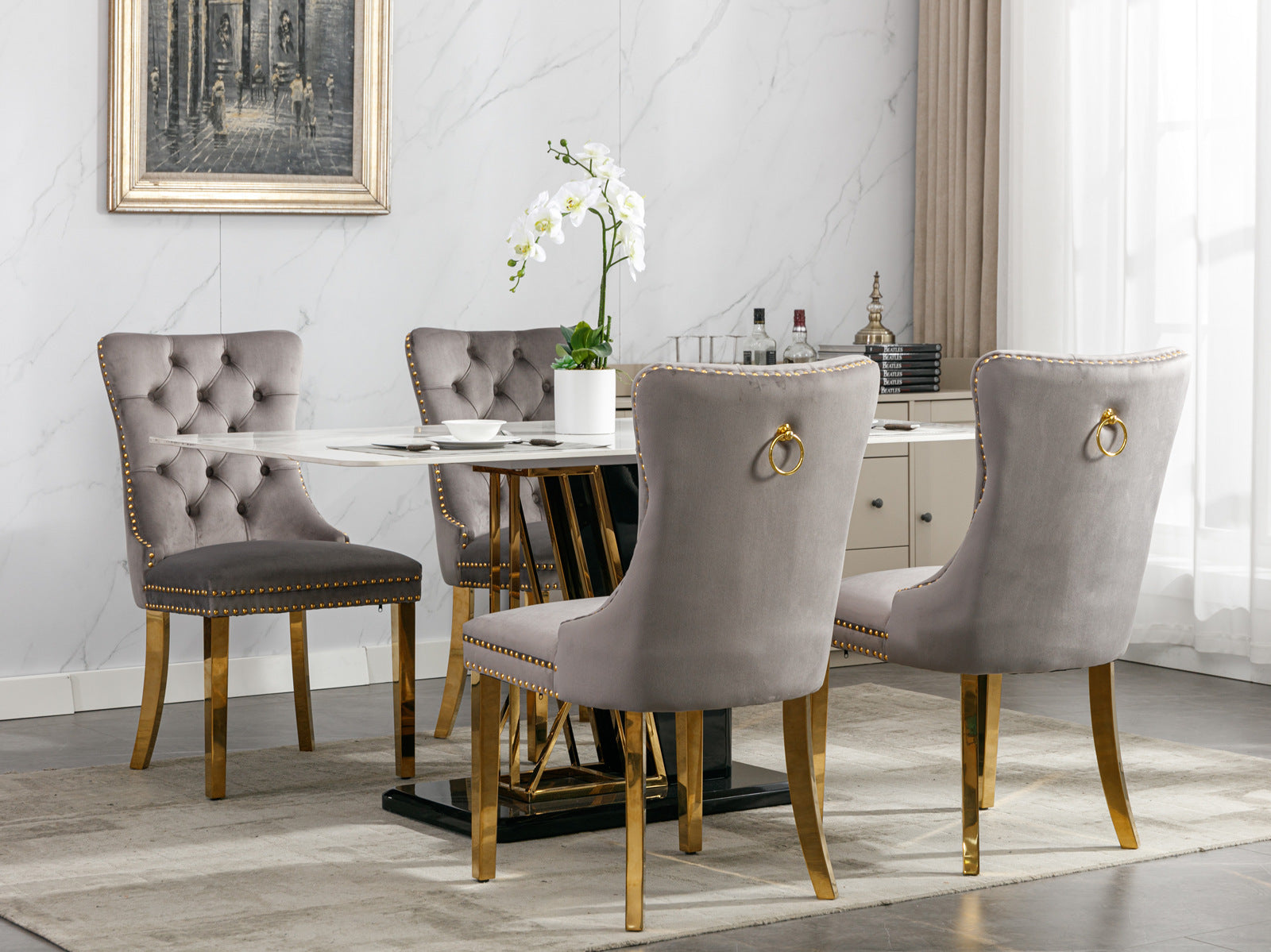 Nikki Collection Modern, High-end Tufted Solid Wood Contemporary Velvet Upholstered Dining Chair with Golden Stainless Steel Plating Legs,Nailhead Trim,Set of 2,Gray and Gold, SW1601GY - Grand Goldman Shop