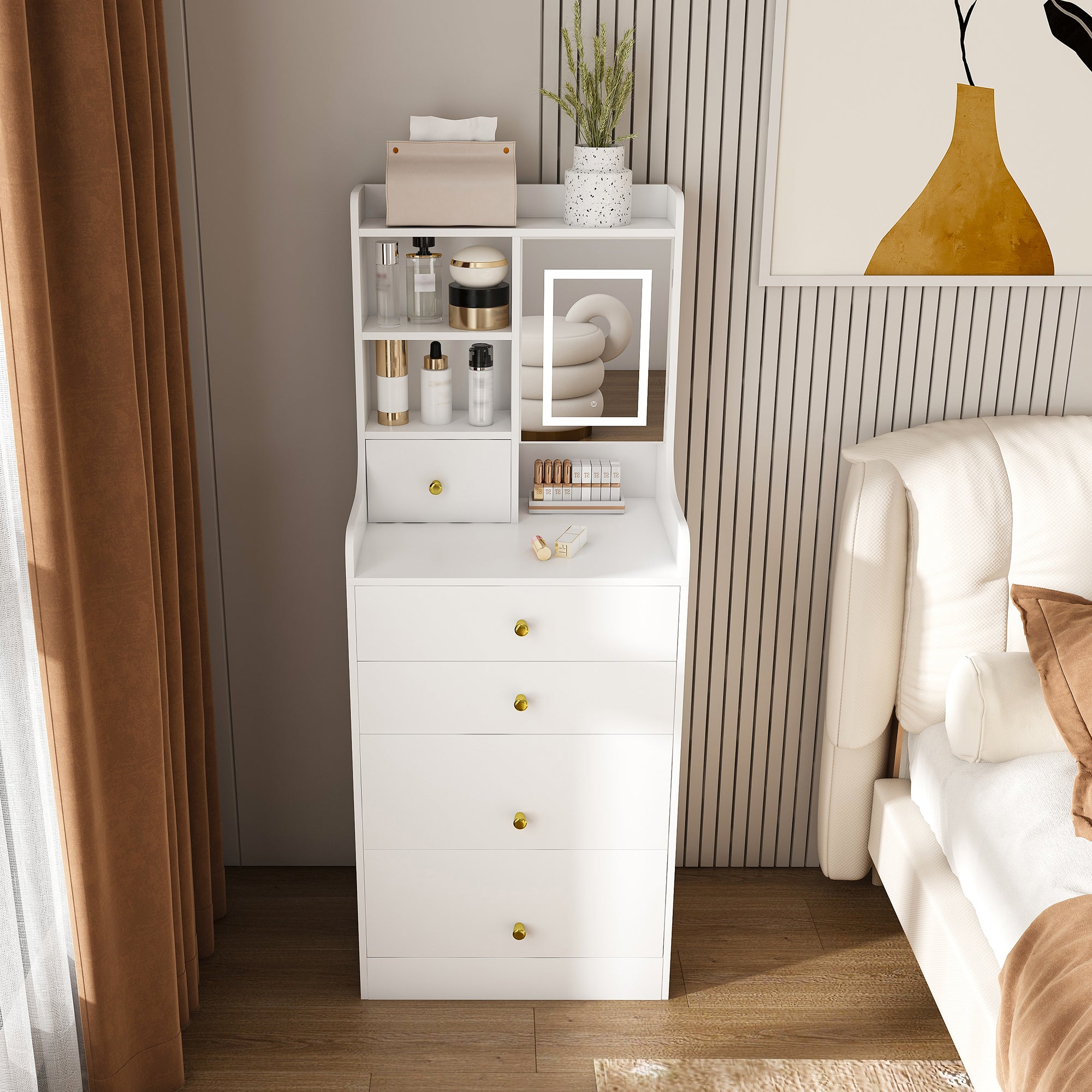 3-in-1 Dressing Table with LED Mirror & Storage Stool, Compact Makeup Vanity, White MDF, 50.39x19.69x15.75 inches - Grand Goldman Shop