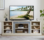 Large TV Desk Storage Rack with Faux Stacked Stone Surround,Media Console Table with Large Storage Cabinet,Modern TV Media Entertaionment Stand,WHITE, 70.12'W*15.35'D*25.83'H - Grand Goldman Shop
