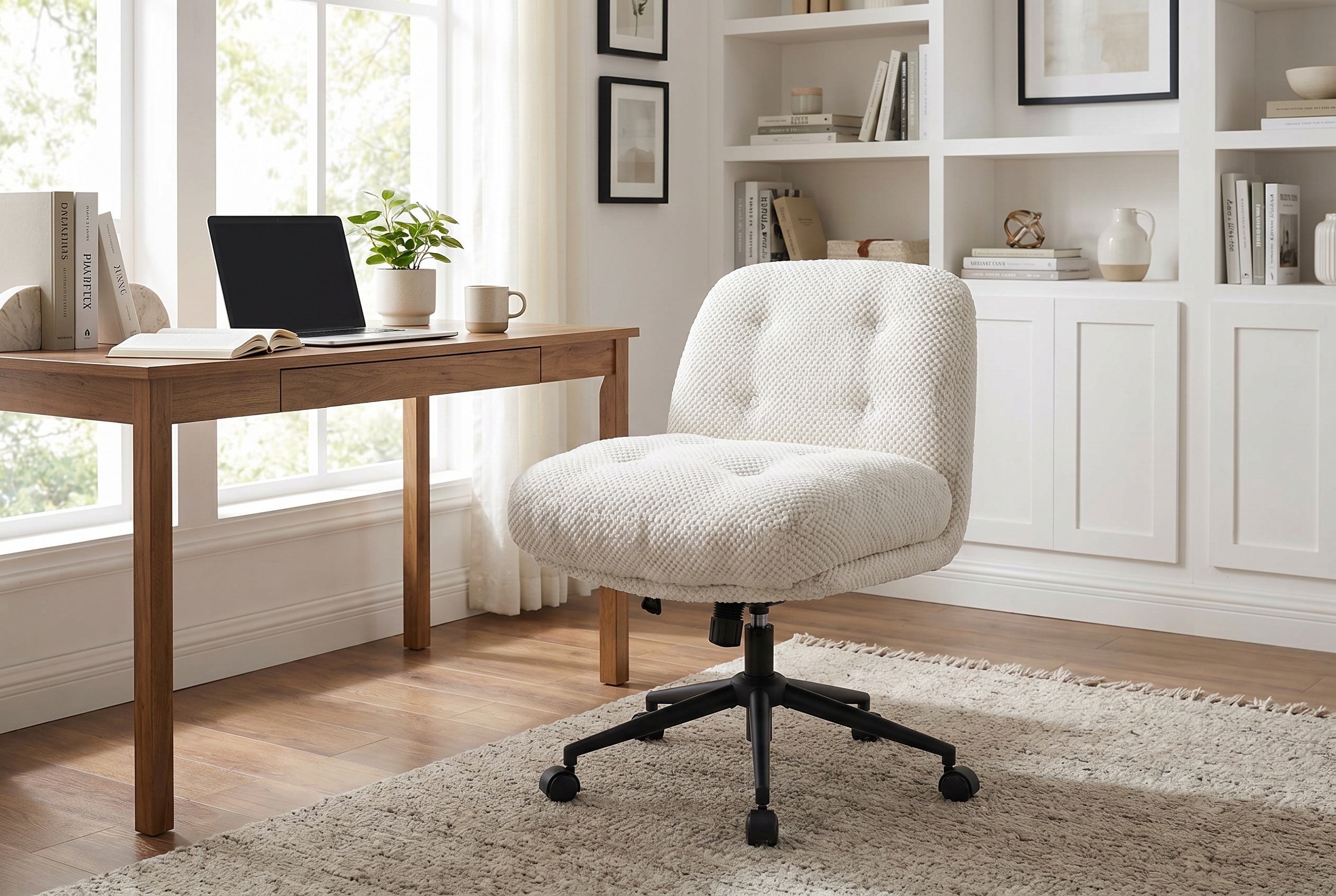 Cross Legged Office Chair No Arms, Adjustable Swivel Wider & Thickened, Ergonomic Desk Chair for Home Office, Vanity,White - 