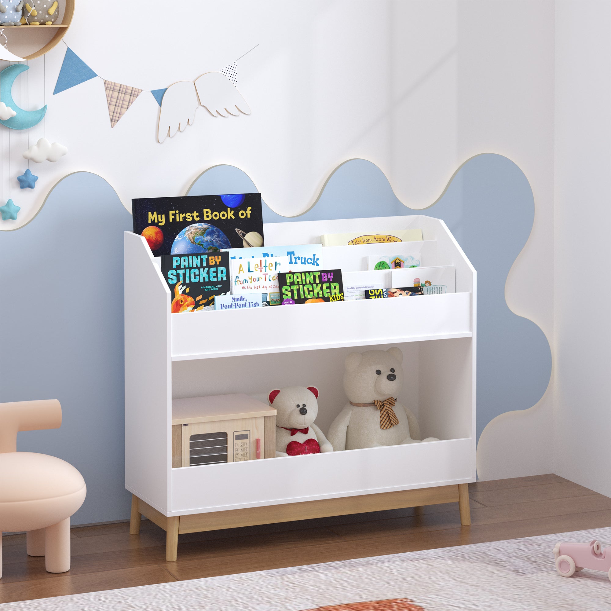 White Wooden Kids Bookcase Organizer with Storage, 3-Tier Toddler Book Display Shelf for Bedroom or Playroom | Premium Home D