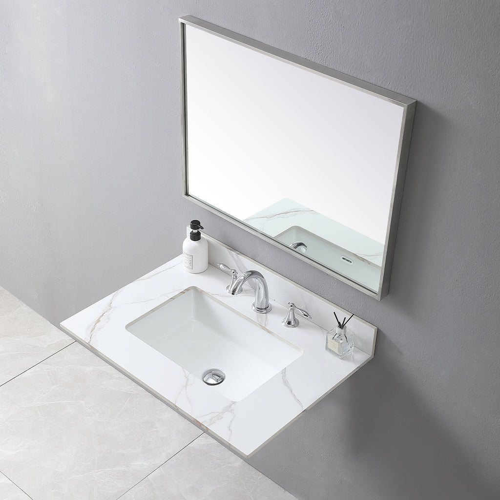 Montary 31inch bathroom vanity top stone carrara gold  new style tops with rectangle undermount ceramic sink  and back splash with 3 faucet hole  for bathrom cabinet - Grand Goldman Shop