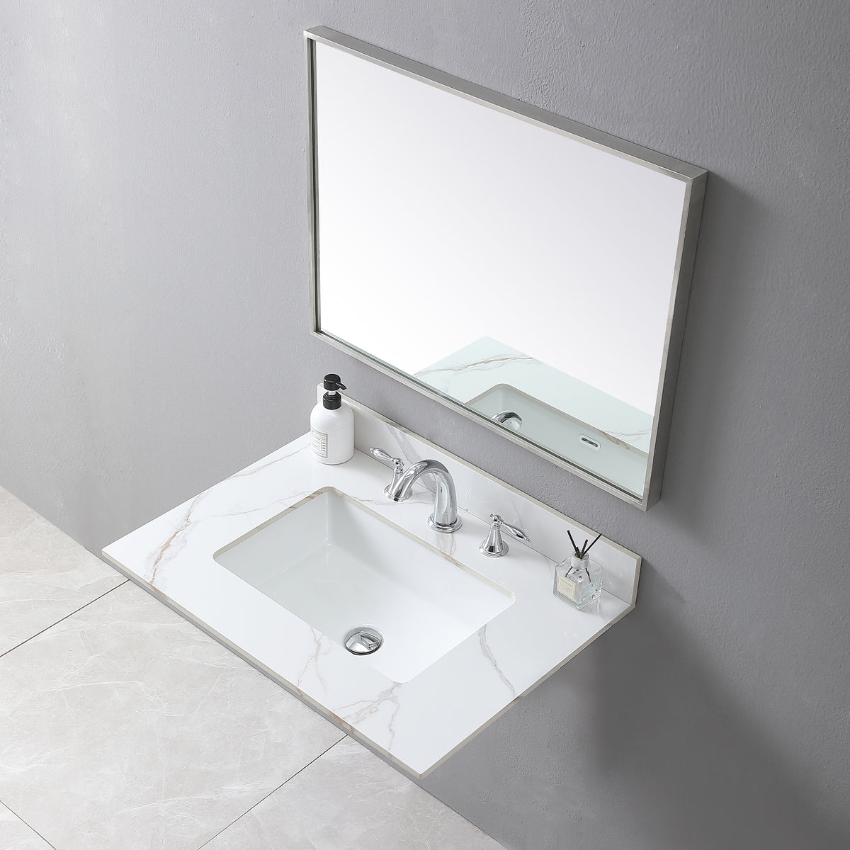 Montary 31inch bathroom vanity top stone carrara gold  new style tops with rectangle undermount ceramic sink  and back splash with 3 faucet hole  for bathrom cabinet - Grand Goldman Shop