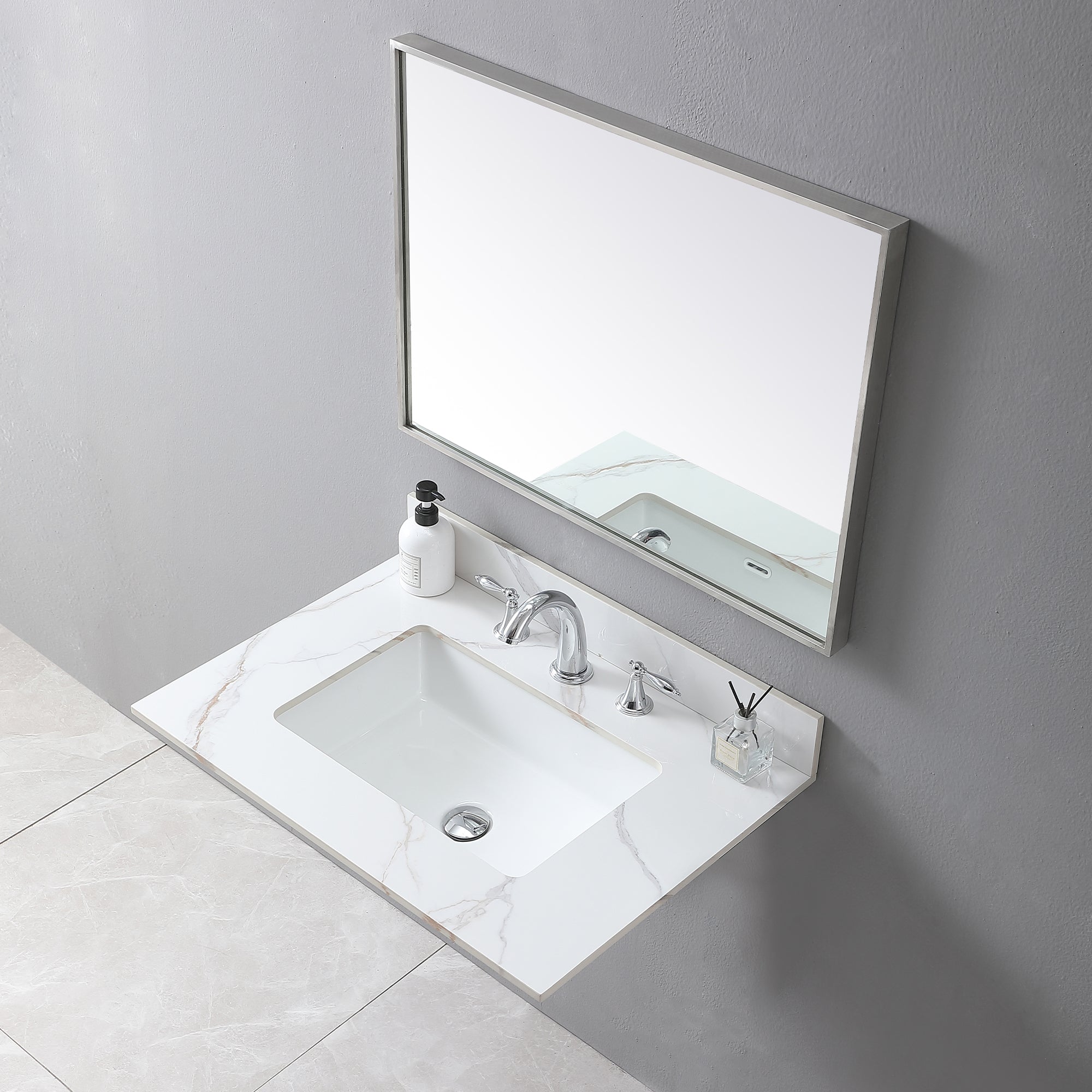 Montary 31inch bathroom vanity top stone carrara gold  new style tops with rectangle undermount ceramic sink  and back splash with 3 faucet hole  for bathrom cabinet - Grand Goldman Shop