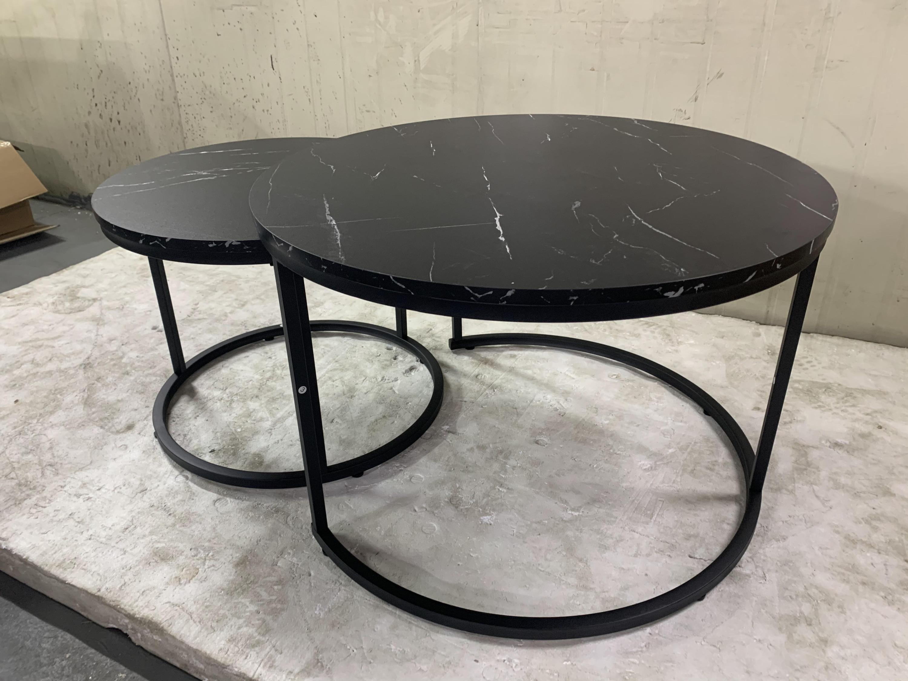 Nesting Coffee Table Set of 2, 27.6in Round Wood Marble Pattern Top with Sturdy Metal Frame, Black Living Room Side Tables for Bedroom Balcony Yard - Grand Goldman Shop