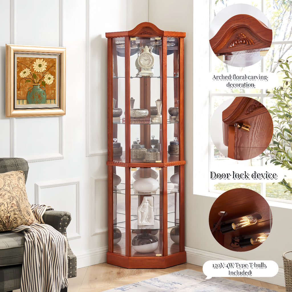 Glass Cabinet Lighted Corner Cabinet Corner Display Curio Cabinet, Glass Display With Light(Included)Bar Cabinet,Wine Cabinet with Adjustable Glass Shelves Carved Decoration OAK Light(Included) - Grand Goldman Shop
