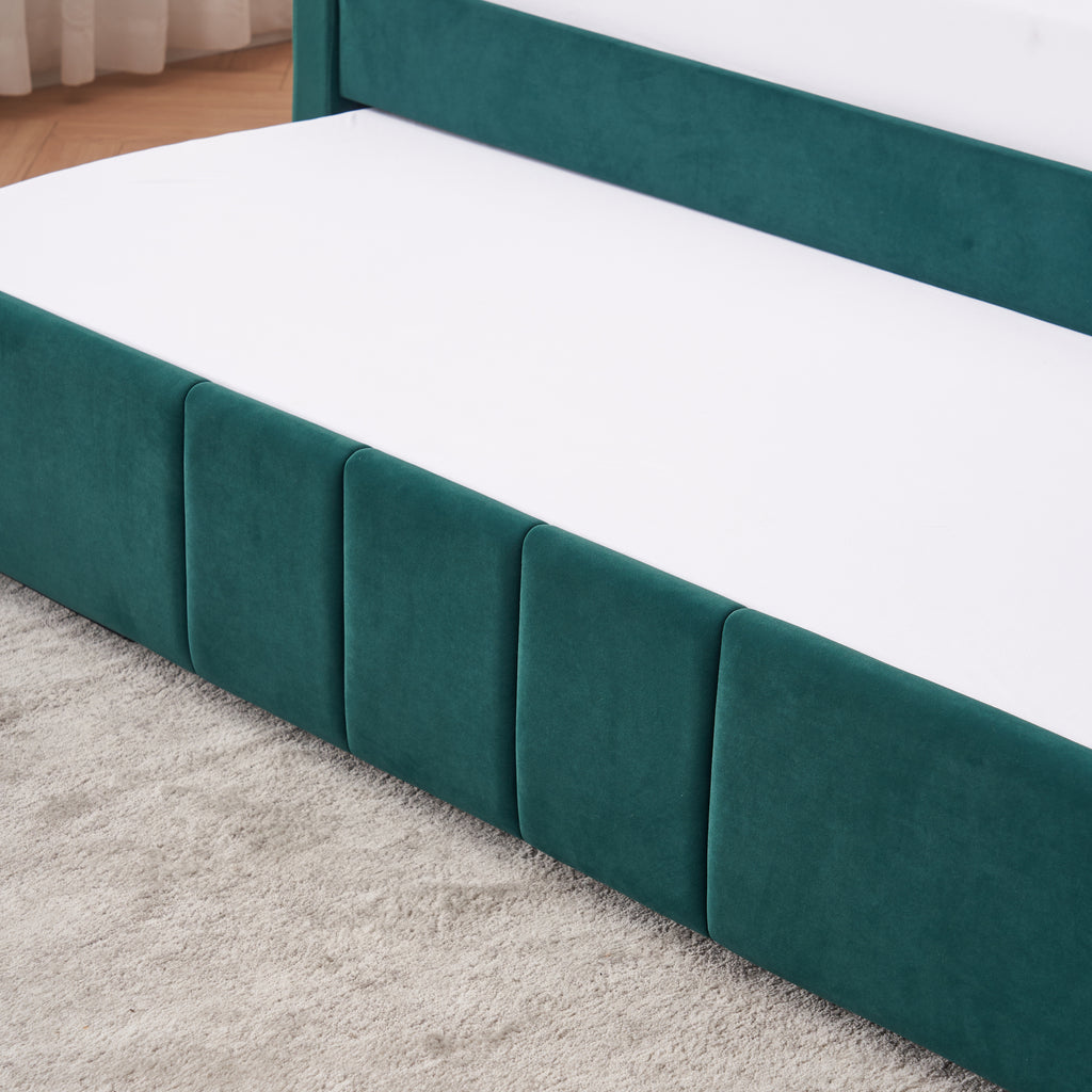 Twin Upholstered Daybed Frame with Trundle, Twin Size Sofa Bed for Bedroom Living Room Guest Room, Wood Slat Support,Emerald - Grand Goldman Shop