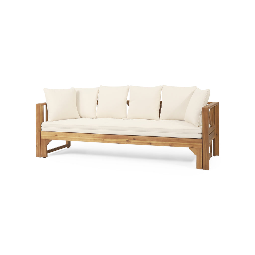 Outdoor Extendable Acacia Wood 3 Seater Sofa, Upholstered Cushion Couch, Daybed Sofa Chair, Spacious Seating Lounge Chair, Patio Daybed Sofa for Garden Yard - Grand Goldman Shop