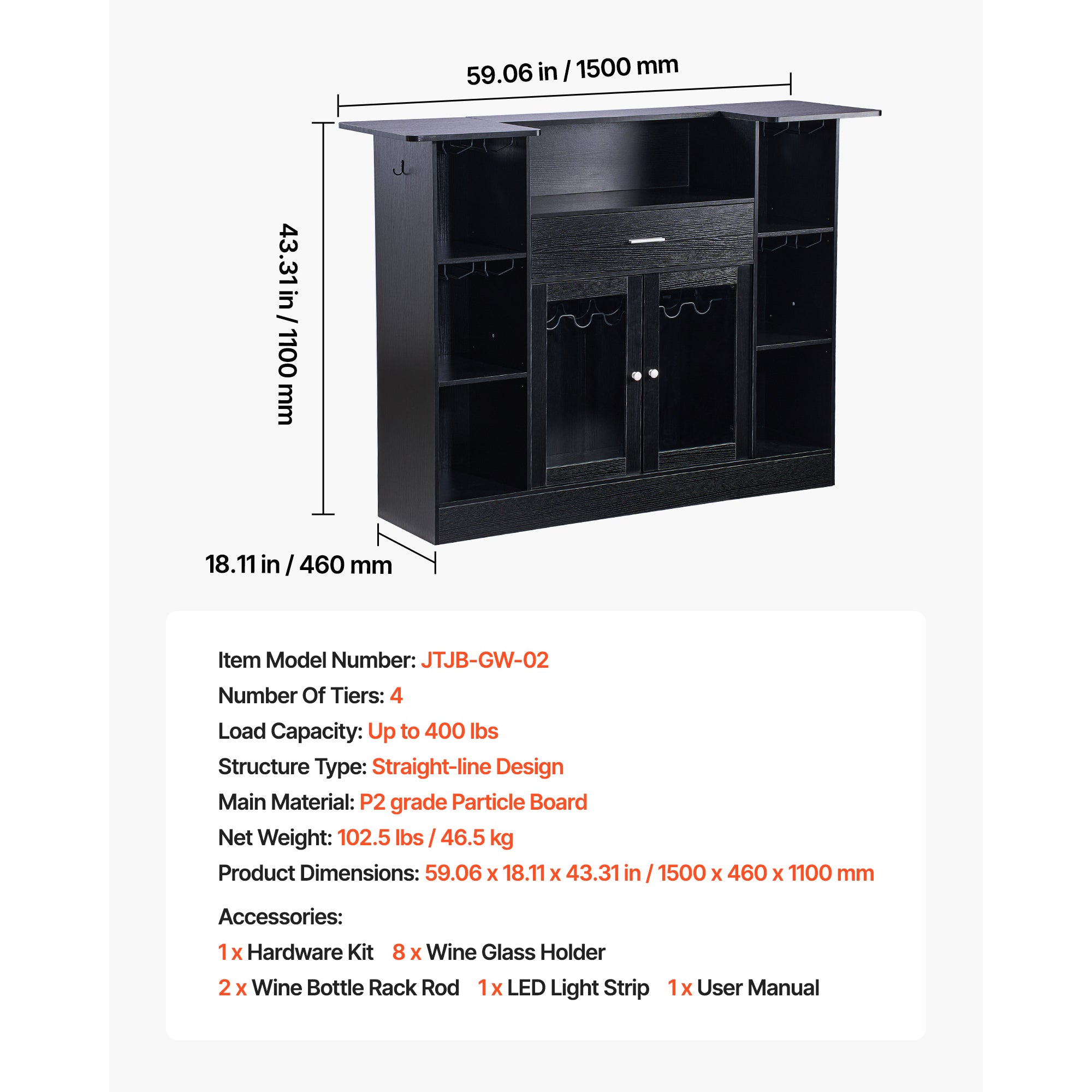 Home Bar Unit, Wine Bar Cabinet Table 4-Tier with Storage Drawer Shelves, Wine Glass Holder, Bottle Rack, LED Light, Wood & Metal Liquor Cabinet for Home, Basement, Kitchen, Living Room, Black - Grand Goldman Shop