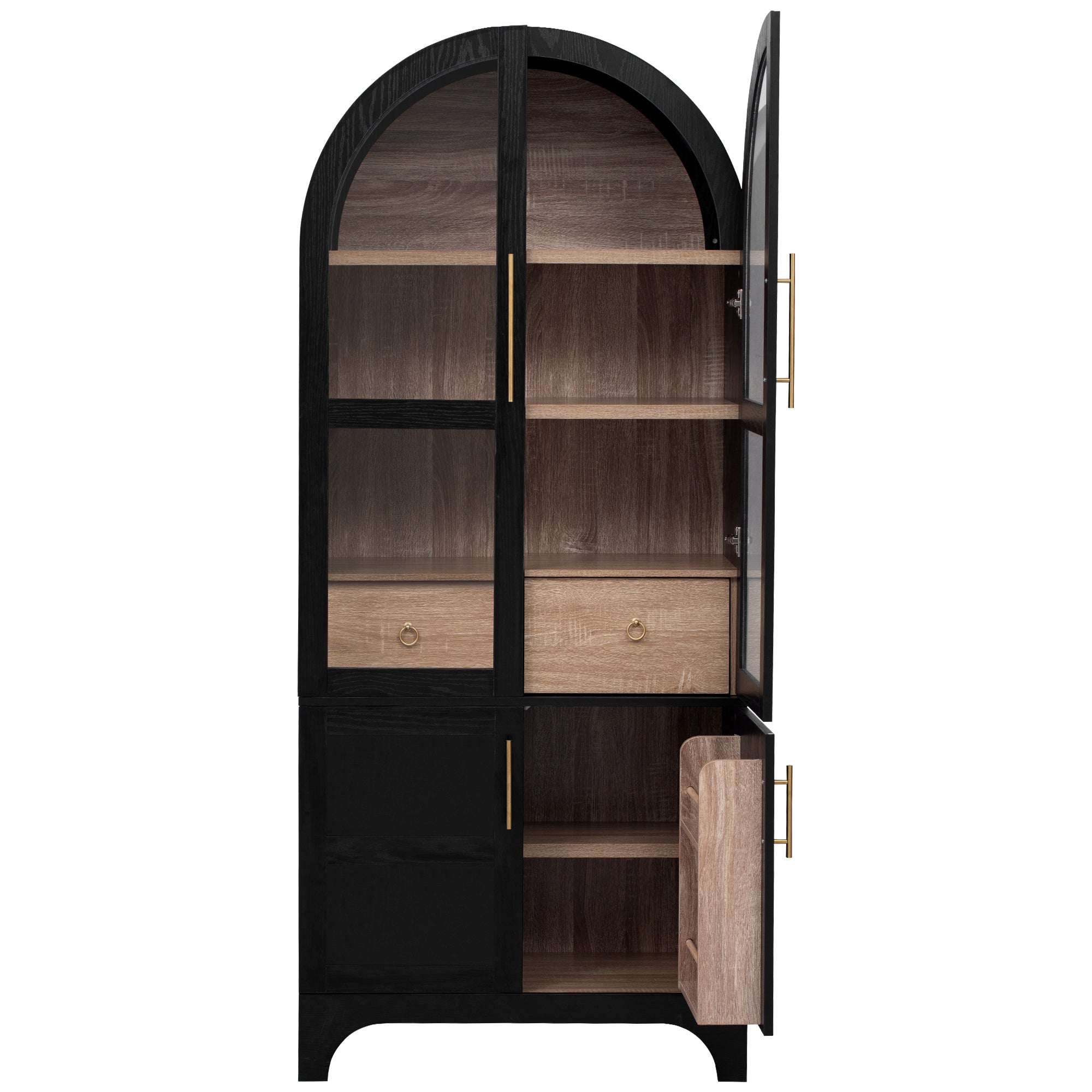 K&K 71' Tall Arched Kitchen Pantry Cabinet with Door Shelves, Farmhouse Kitchen Storage Cabinet with Open & Adjustable Shelves, Hidden Drawer & Glass Door, Cupboard for Kitchen, Dining Room, Black - Grand Goldman Shop