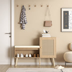 2-in-1 Shoe Storage Bench with Adjustable Shelves, Antique Natural Rattan Finish, PP Rattan and Wood Construction, Modern Entryway Organizer, 39.4 x 27.6 x 11.8 inches - Grand Goldman Shop