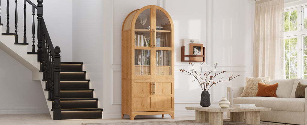 K&K 71' Tall Arched Kitchen Pantry Cabinet with Door Shelves, Farmhouse Kitchen Storage Cabinet with Open & Adjustable Shelves, Hidden Drawer & Glass Door, Cupboard for Kitchen, Dining Room, Natural - Grand Goldman Shop