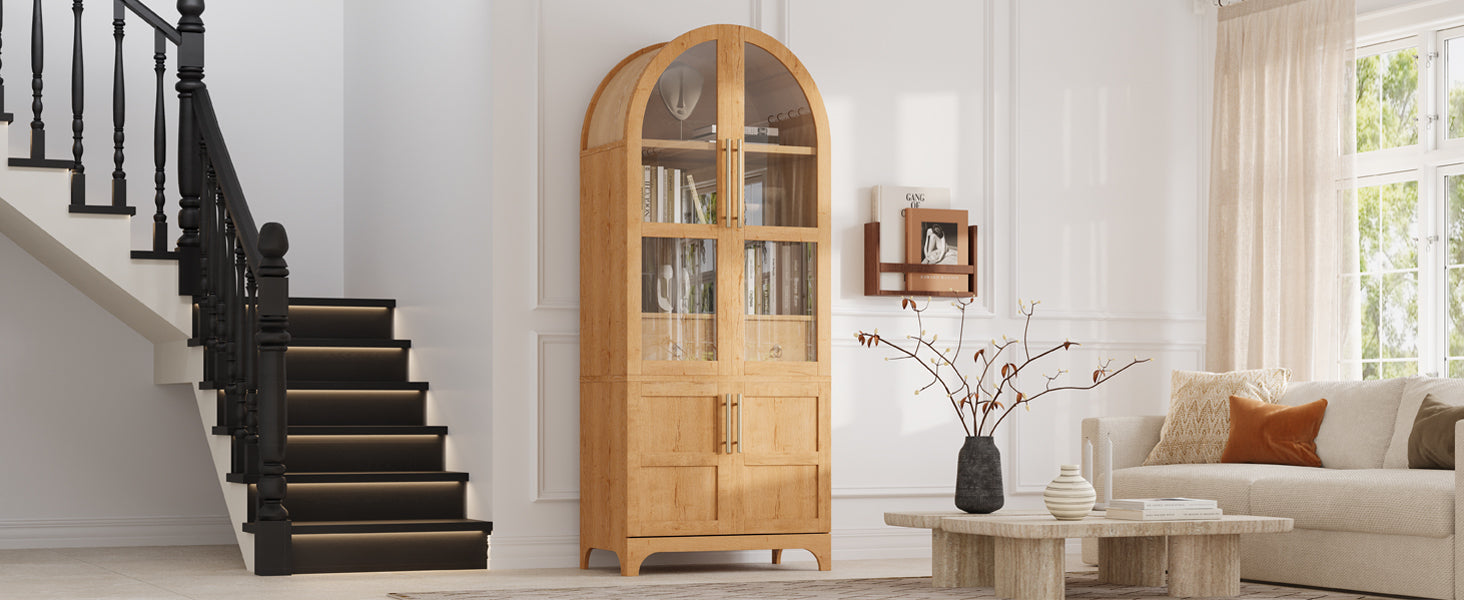 K&K 71' Tall Arched Kitchen Pantry Cabinet with Door Shelves, Farmhouse Kitchen Storage Cabinet with Open & Adjustable Shelves, Hidden Drawer & Glass Door, Cupboard for Kitchen, Dining Room, Natural - Grand Goldman Shop