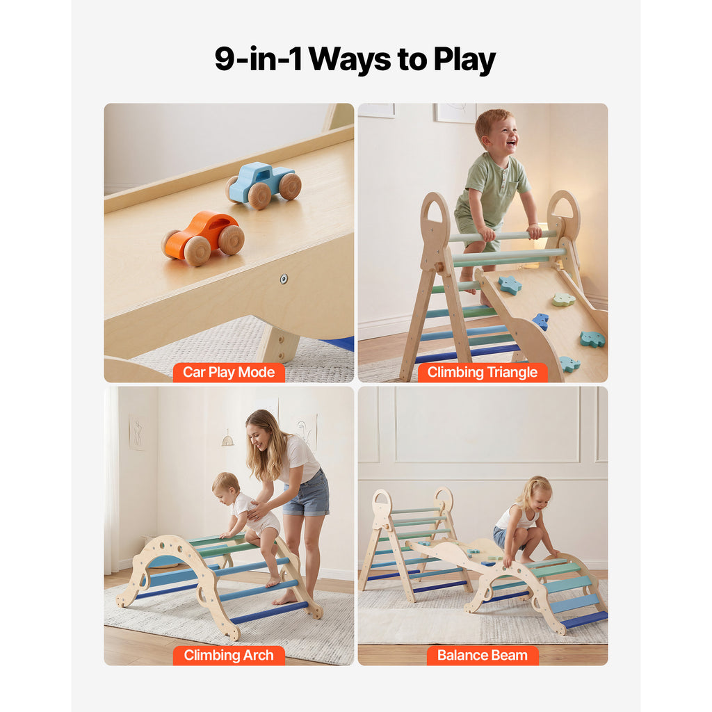 Pikler Triangle Set, 9-in-1 Toddler Climbing Toys Indoor, with 2 Wooden Cars, Cushion, Triangle, Arch, and Ramp, 150 lbs Load