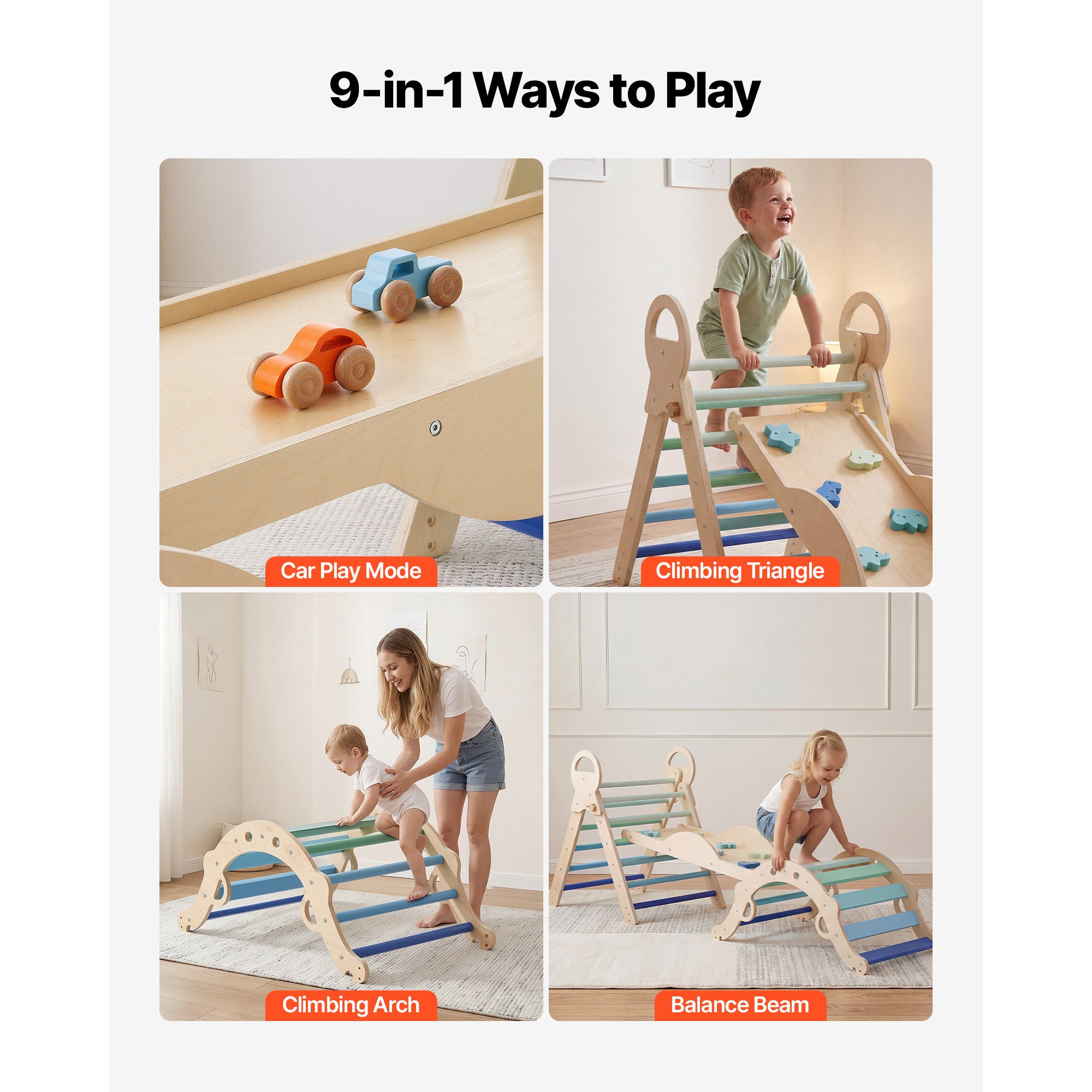 Pikler Triangle Set, 9-in-1 Toddler Climbing Toys Indoor, with 2 Wooden Cars, Cushion, Triangle, Arch, and Ramp, 150 lbs Load