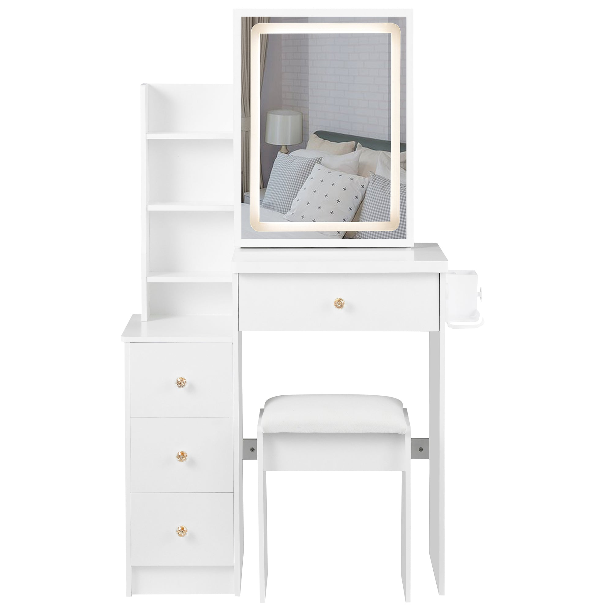 29.2' Small Size Bedside Cabinet Vanity Table + Cushioned Stool, 2 AC+2 USB Power Station, Hair dryer bracket, Extra Large Touch Control Sliding LED Mirror, 3-color Switching, EPA, GCC, UL Certificate - Grand Goldman Shop
