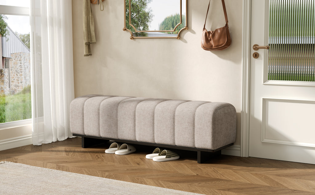 Indoor Dining Bench in Oatmeal Chenille Fabric with Rubber Wood Legs, Comfortable Seating for Dining Room or Living Area - Grand Goldman Shop