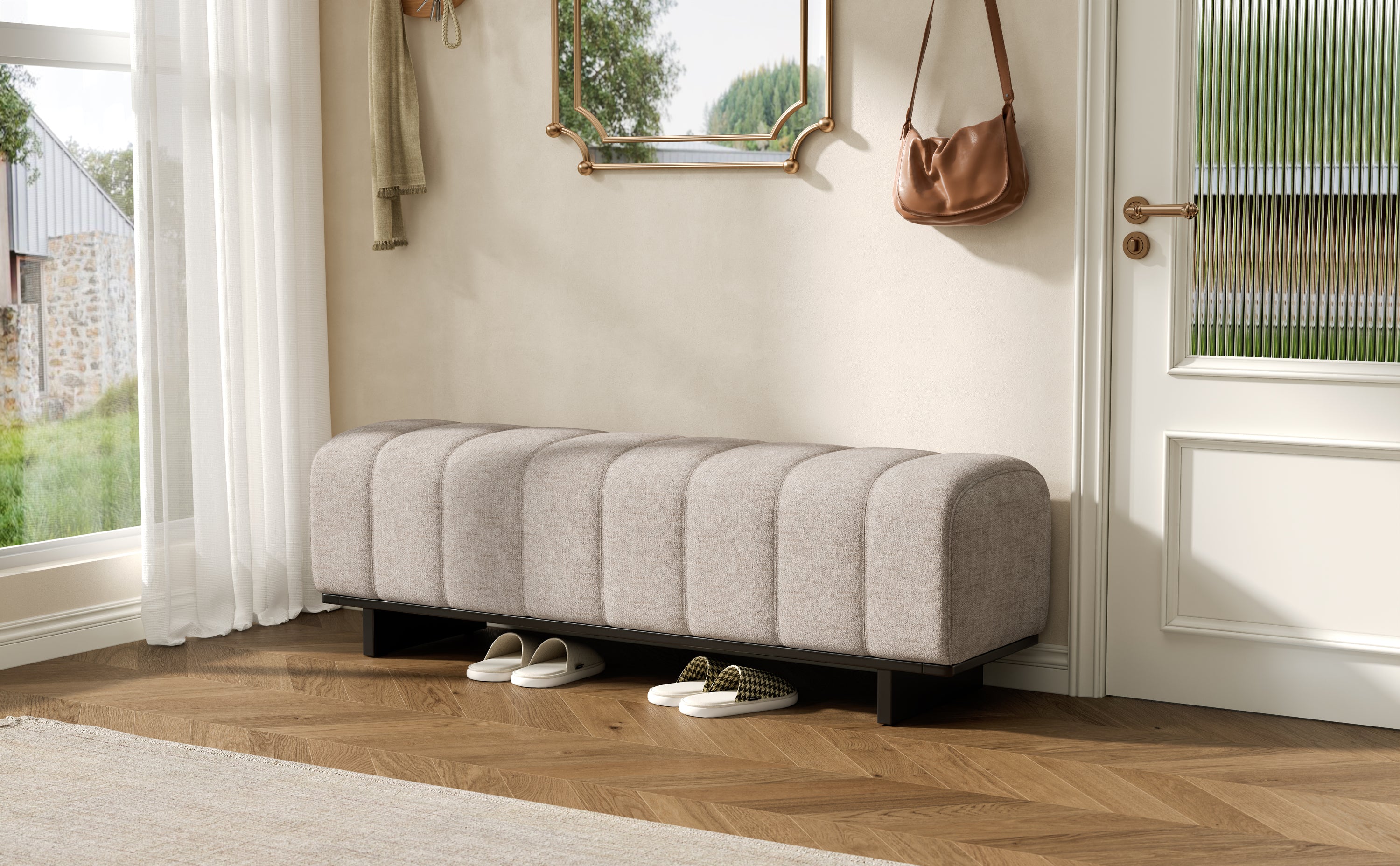 Indoor Dining Bench in Oatmeal Chenille Fabric with Rubber Wood Legs, Comfortable Seating for Dining Room or Living Area - Grand Goldman Shop
