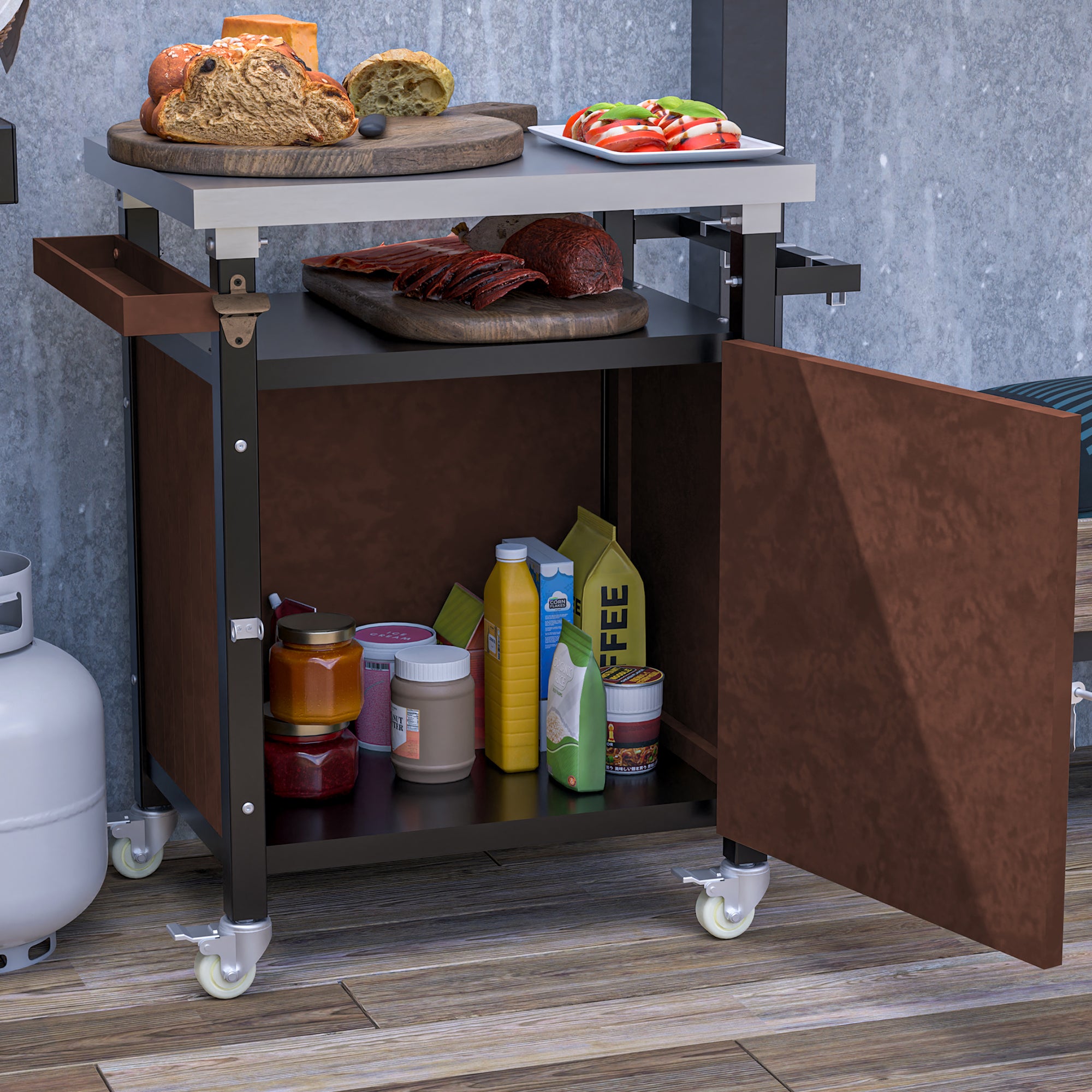 Outdoor Grill Cart with Stainless Steel Tabletop, Storage, Patio Kitchen Island with Wheels, Hooks, and Spice Rack, Waterproof Outdoor Grill Table, Movable BBQ Serving Cart Rolling Bar Cart - Grand Goldman Shop
