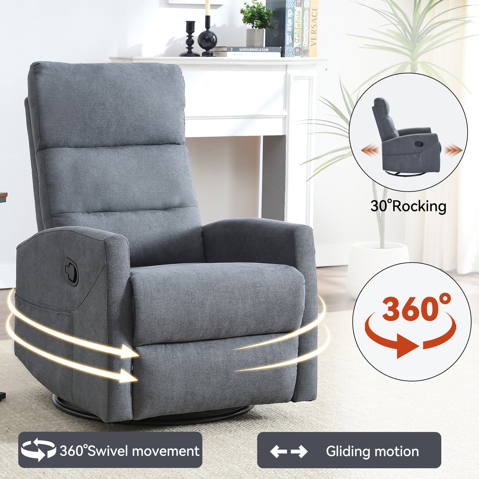 Manual Recliner Chair with Rocker and Swivel in Fabric for Living Room, Grey - Grand Goldman Shop