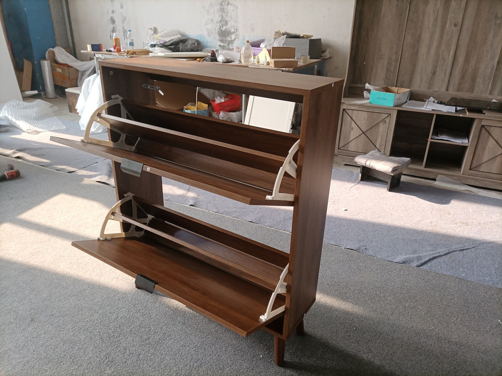 Medieval Modern Independent Shoe Cabinet with 2 Flip Drawers, Walnut MDF, 31.5-inch - Grand Goldman Shop