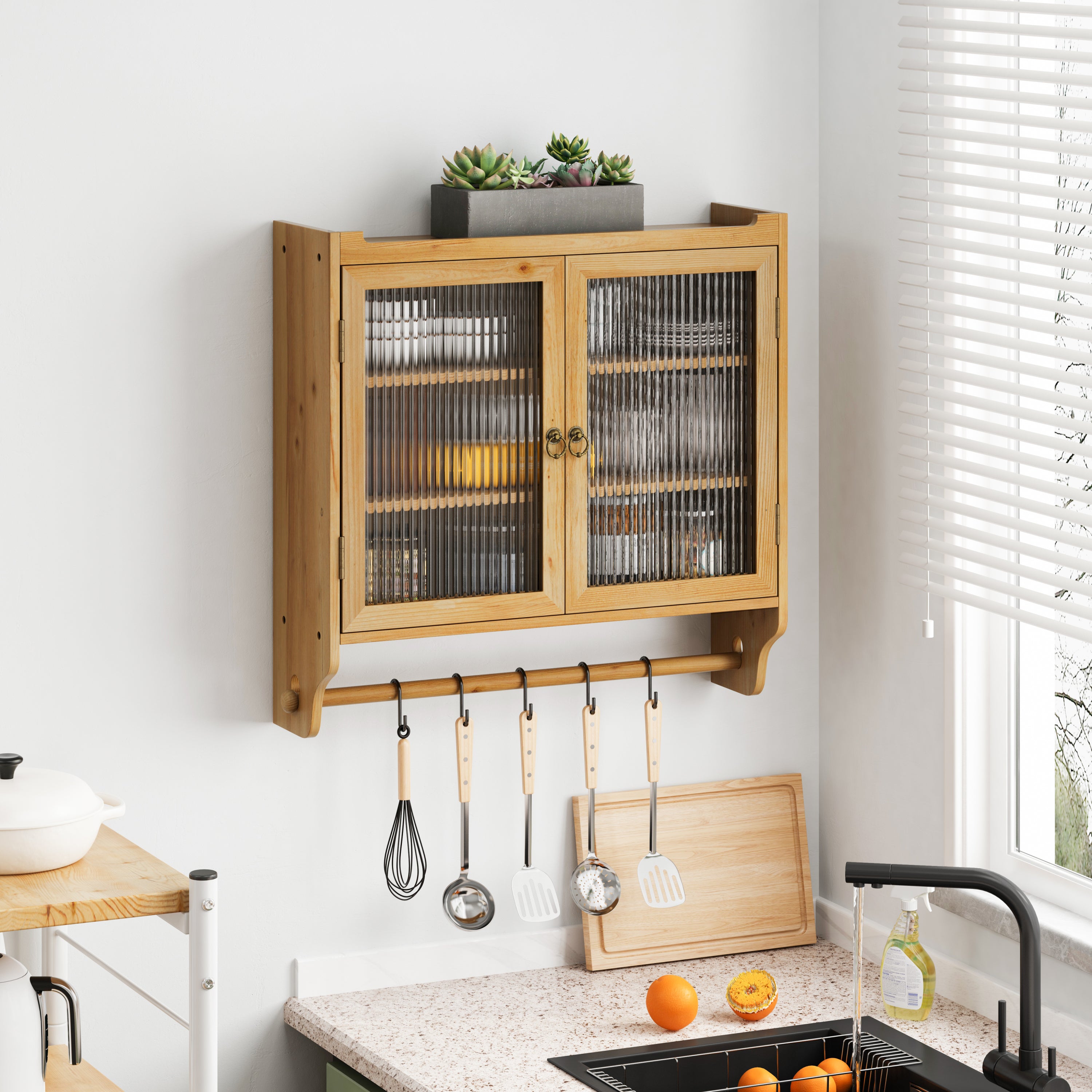 24.8''Glass Door Vintage Double Door Wall Cabinet With Three Tiers of Storage With Towel Rack,for Bathroom, Kitchen,,Dining Room,Natural - Grand Goldman Shop