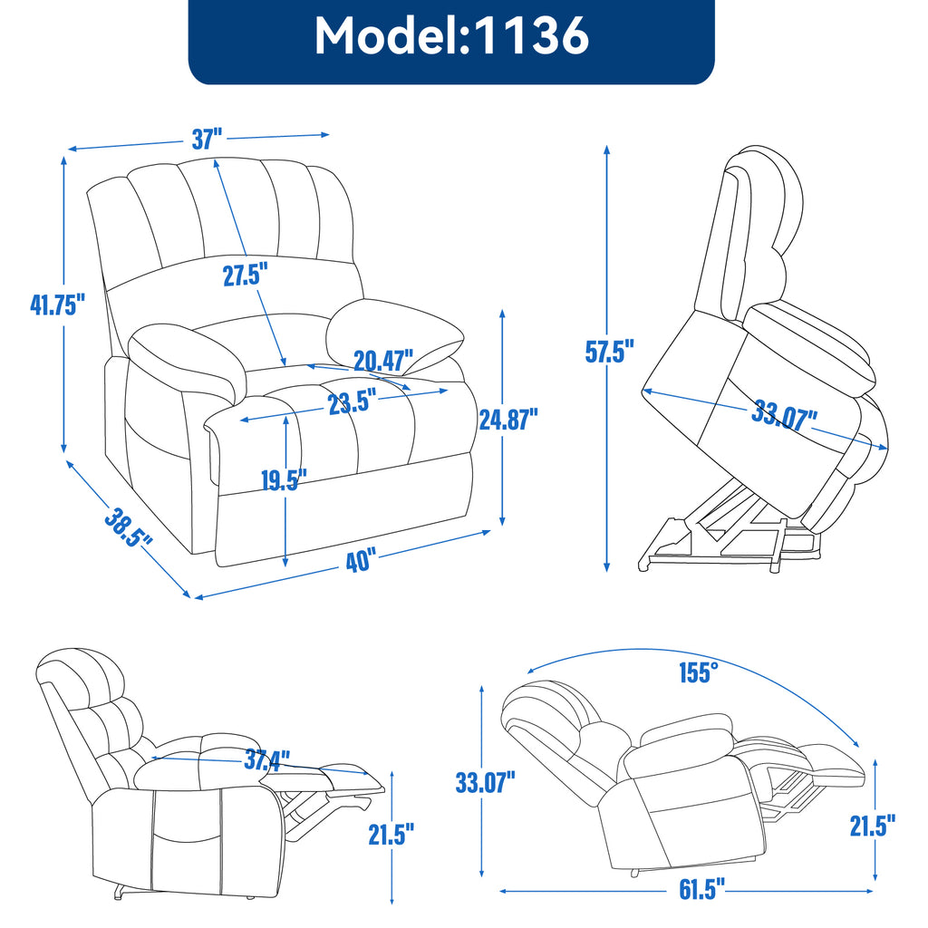 23' Seat Width and High Back Large Size Blue Grey Chenille Power Lift Recliner Chair with 8-Point Vibration Massage and Lumbar Heating - Grand Goldman Shop