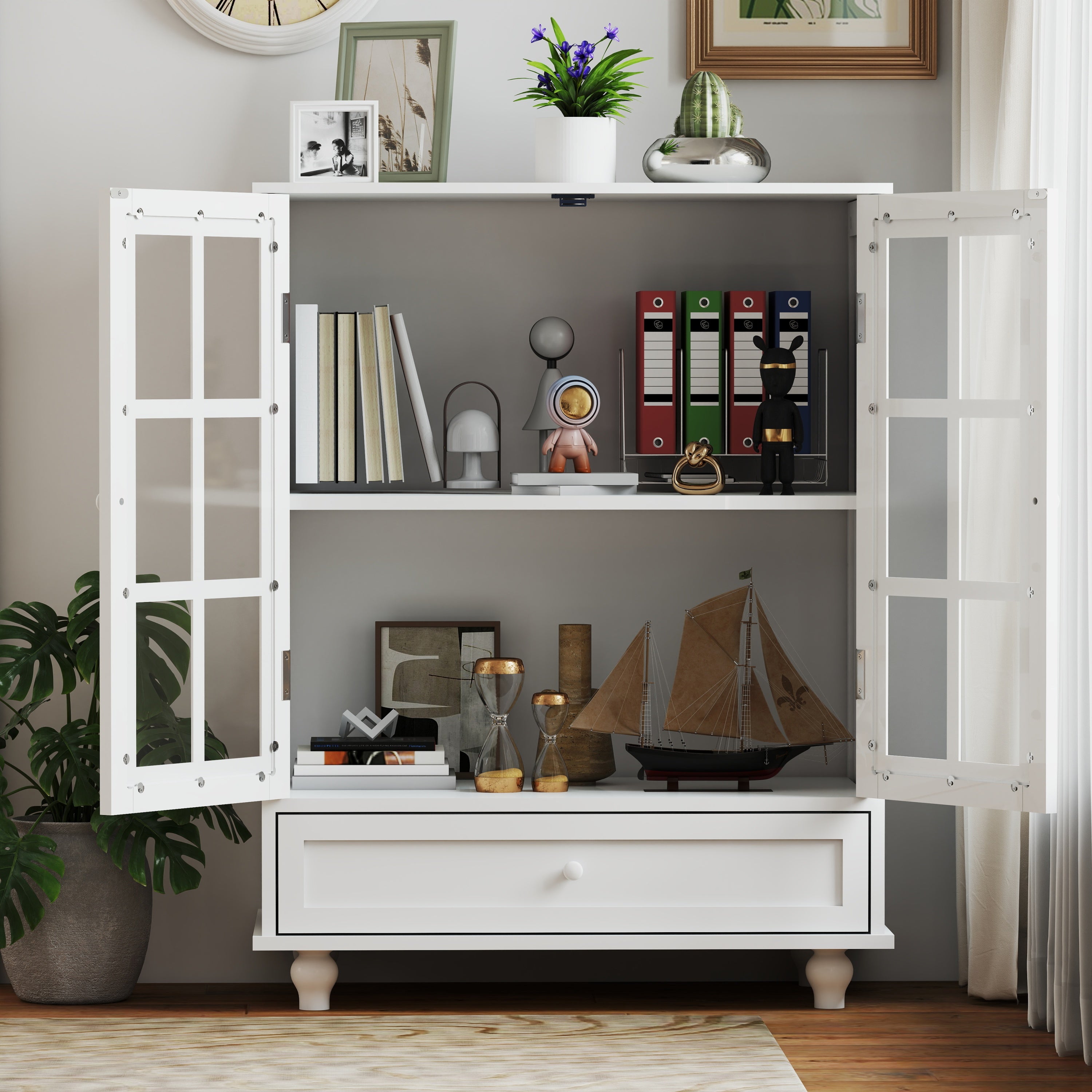 Minimalist White Buffet Cabinet with Double Glass Doors and Drawer, Modern Wooden Storage Sideboard Cupboard for Living room, Dining Room Hallway Entryway - Grand Goldman Shop
