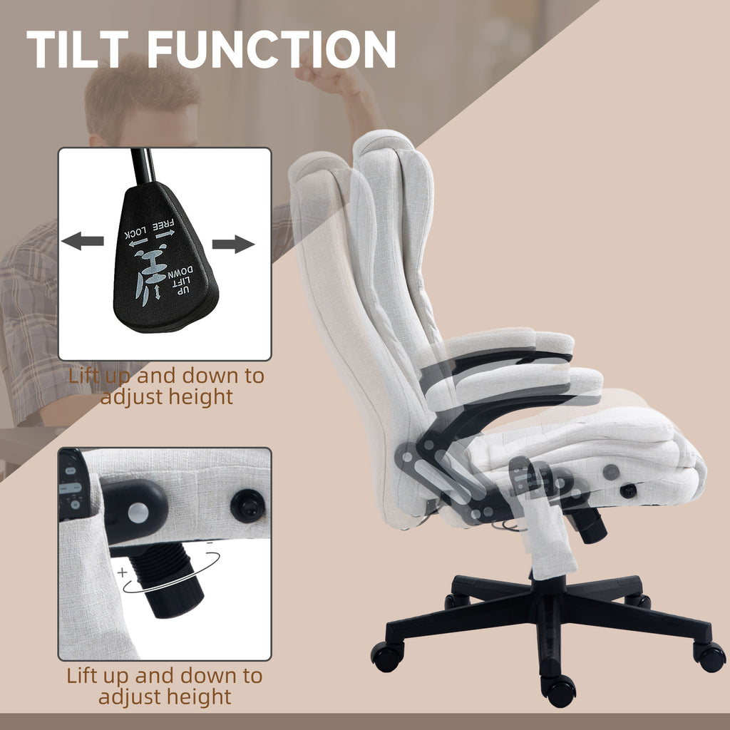 HOMCOM 6 Point Vibrating Massage Office Chair with Heat, Linen High Back Executive Office Chair with Reclining Backrest, Padd