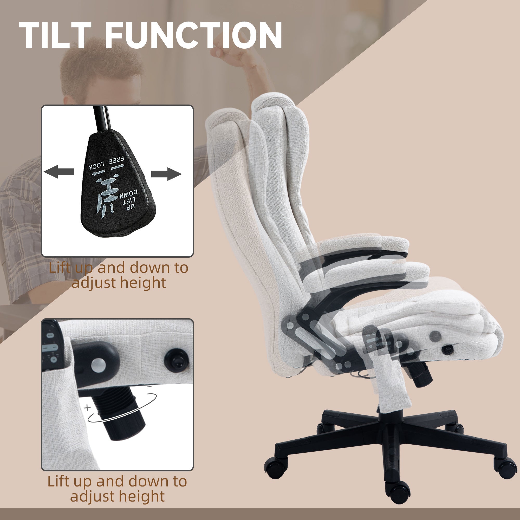 HOMCOM 6 Point Vibrating Massage Office Chair with Heat, Linen High Back Executive Office Chair with Reclining Backrest, Padd
