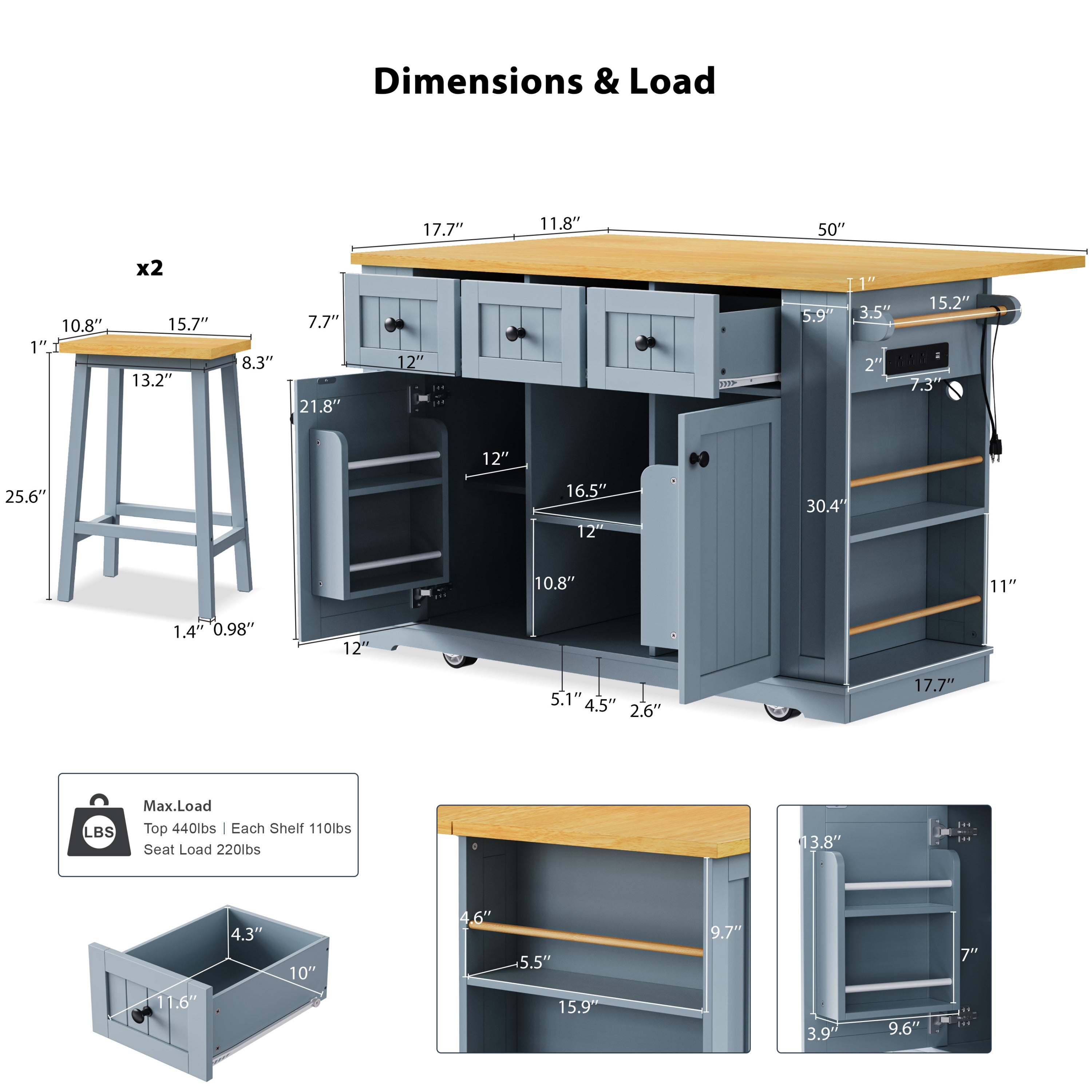 K&K 53inch Large Kitchen Island with 2 Bar Stools,Power Outlet,Door Internal Storage Rack,Kitchen Storage Cart on 5 Wheels with Drop Leaf,5 Open Side Racks,3 Drawers,Grey Blue (Three Packages) - Grand Goldman Shop