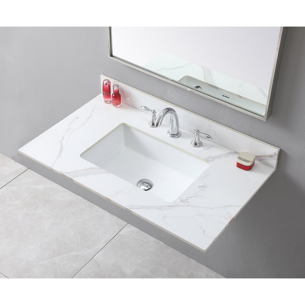 Montary 37inch bathroom vanity top stone carrara gold new style tops with rectangle undermount ceramic sink and 3 faucet hole for bathroom cabinet - Grand Goldman Shop